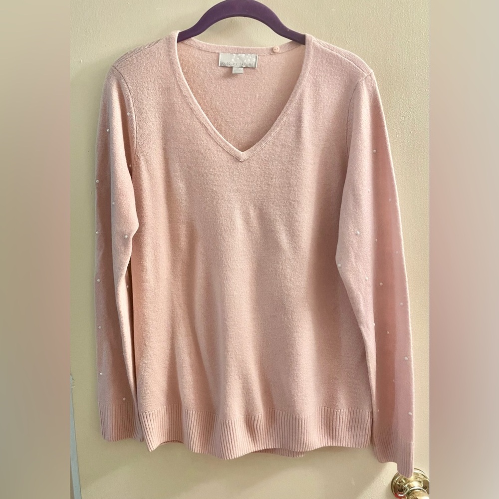 Blush Pink V-Neck Sweater with faux-pearl details on sleeves.    SIZE MEDIUM